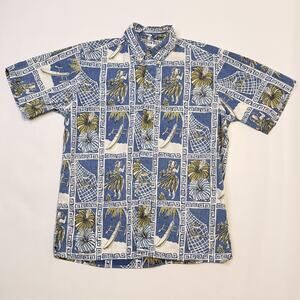 Reyn Spooner Shirt Mens Small Blue Hula Girl Surfboard Hawaiian Aloha Button Up